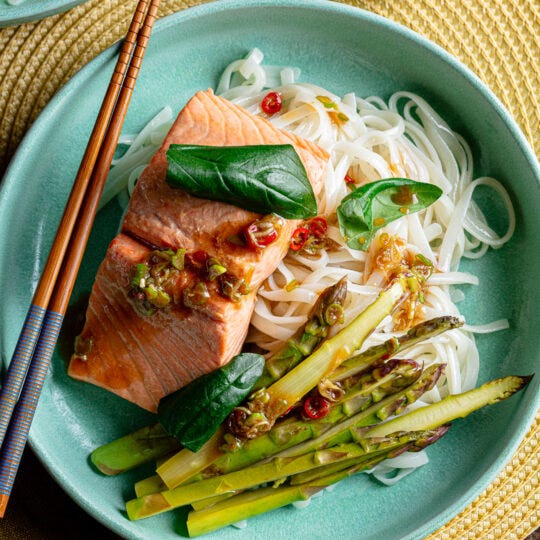 Soy-Poached Salmon & Rice Noodles